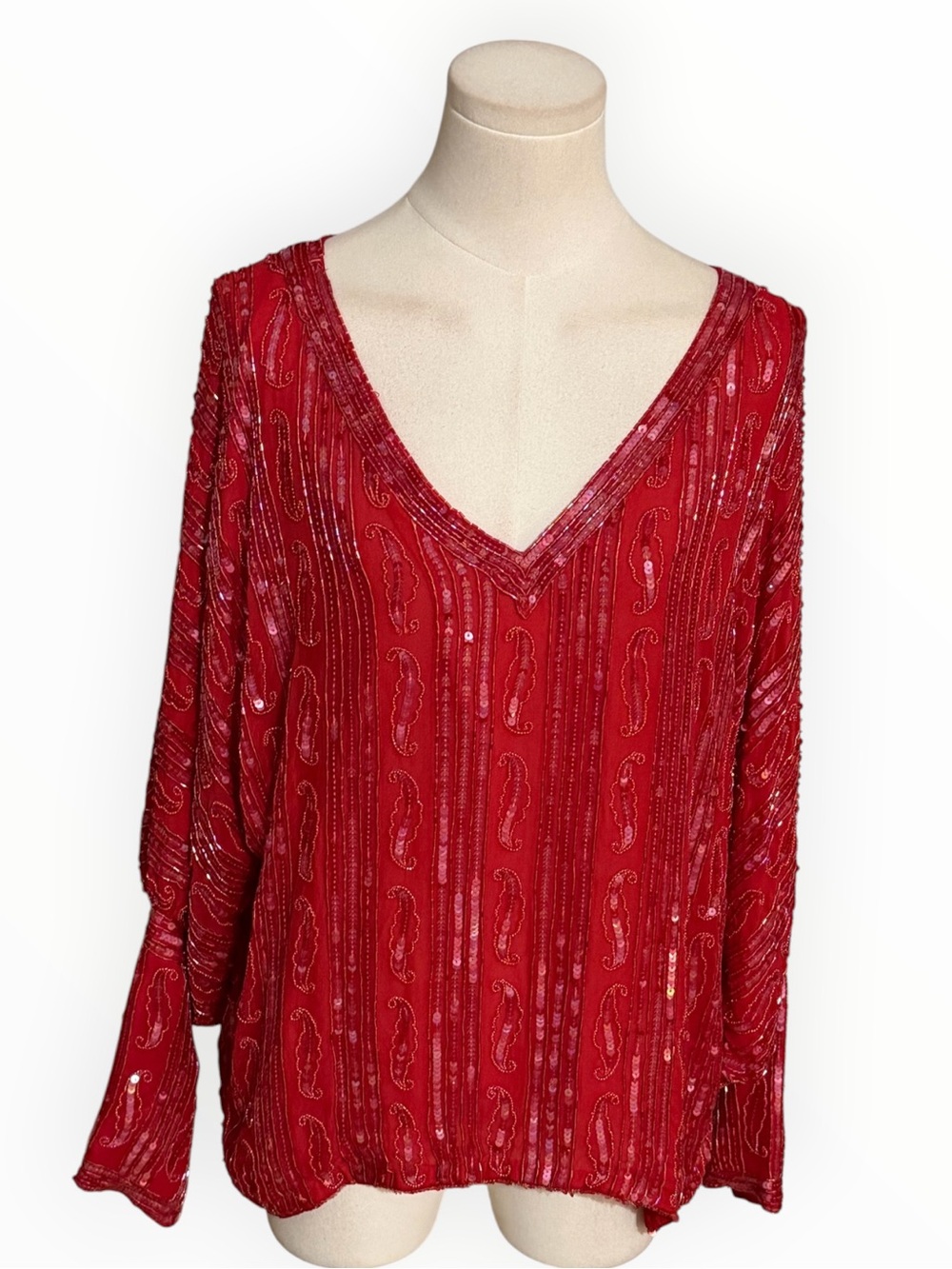JUDITH ANN CREATIONS Silk Beaded Sequins V-Neck Long Sleeve Beaded Top M Vintage